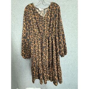 Urban Rose Dress Womens 2X Brown Animal Print V Neck Ruffle Hem Knit Swing
